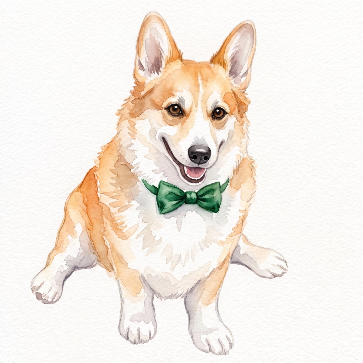 Watercolour portrait of Waldo the corgi in a green bow tie